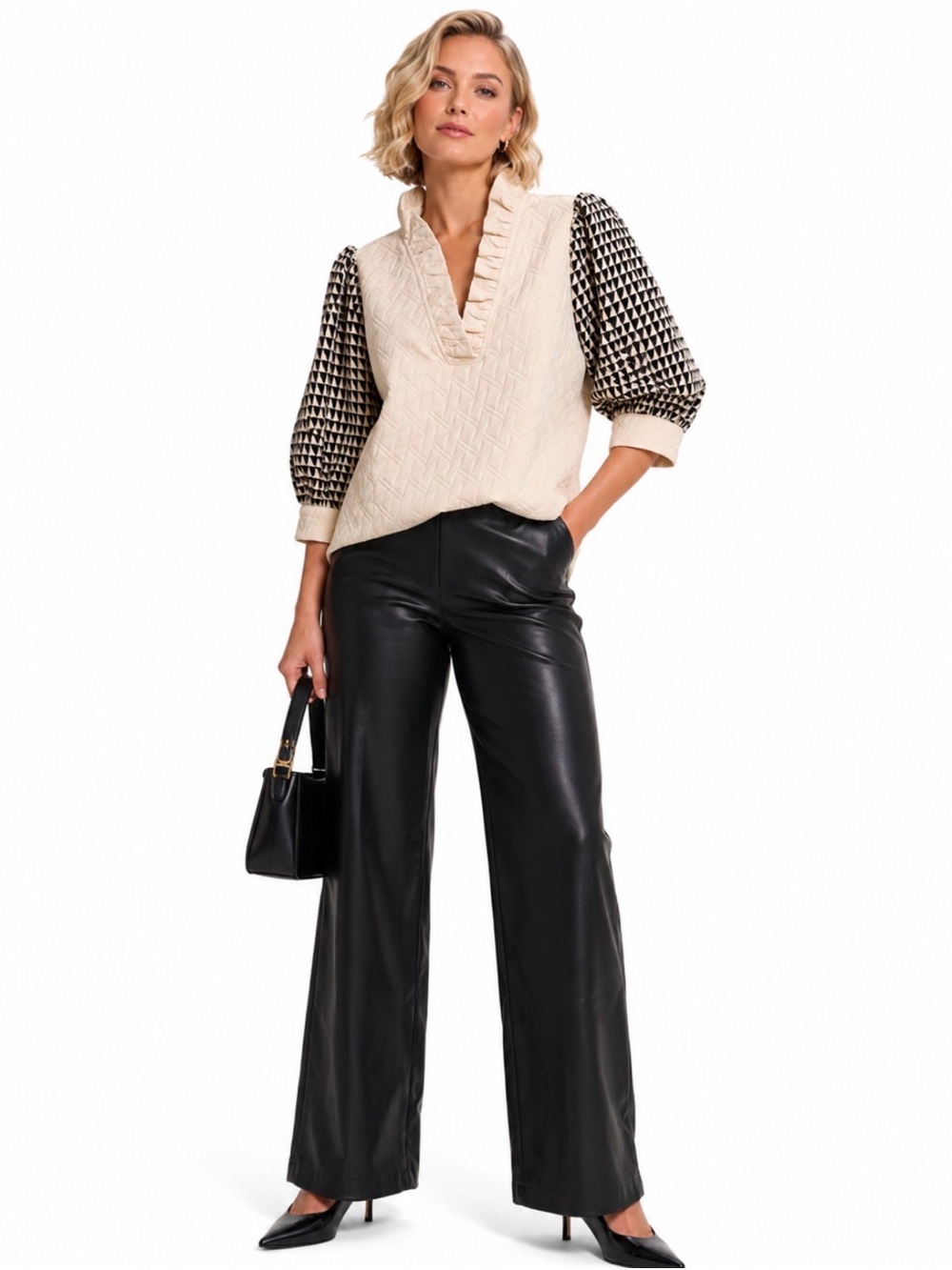 VOY Textured Cream Top with Black & White Patterned Sleeves Large